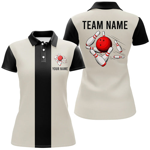 Personalized Beige and Black Retro Bowling Polo shirt For women custom vintage bowling team jerseys NQS7000