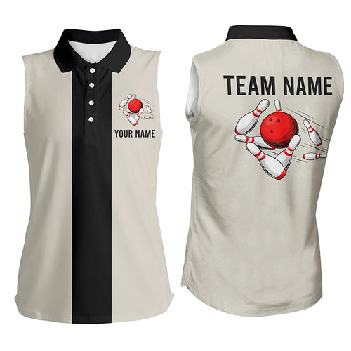 Personalized Beige & Black Retro Bowling sleeveless polo shirt For women, vintage bowling team jerseys NQS7000