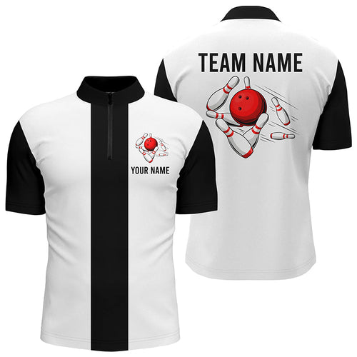 Personalized White & Black Retro Bowling Quarter Zip shirt For Men custom vintage bowling team jerseys NQS7001