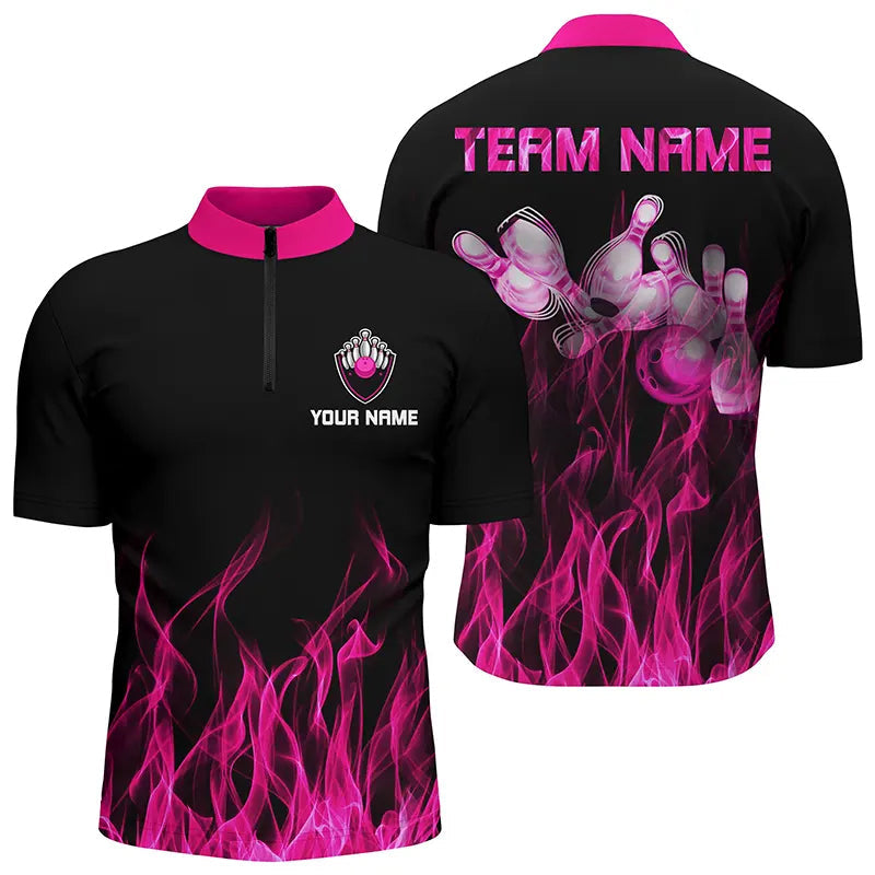 Personalized Men Quarter Zip Bowling Shirt Pink Flame Bowling Ball Pins camo bowling jerseys Bowler NQS5880