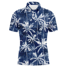 Load image into Gallery viewer, Men golf polo upf shirts with tropical background blue watercolor palms custom team golf polo shirts NQS3711