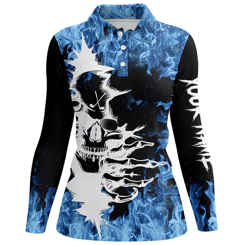 Black Womens golf polo shirts custom blue fire skull golf shirts, personalized golf gifts NQS6544