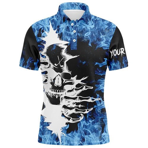 Black Mens golf polo shirt custom blue fire skull golf shirts, personalized golf gifts NQS6544