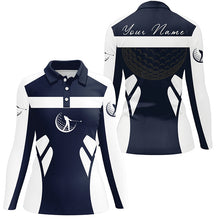 Load image into Gallery viewer, Blue navy and white Womens golf polo shirt custom name cool golf gifts for ladies NQS7253