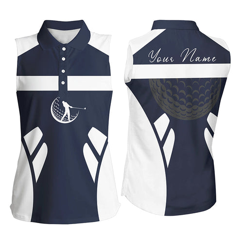 Blue navy and white Women sleeveless golf polo shirt custom name cool golf gifts for ladies NQS7253