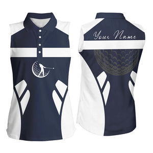 Blue navy and white Women sleeveless golf polo shirt custom name cool golf gifts for ladies NQS7253