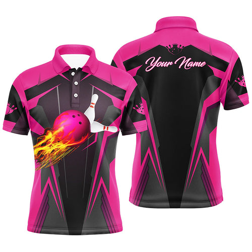 Personalized Mens polo Shirt Flame Bowling Ball Pins, bowling jerseys for bowlers | Pink NQS7014