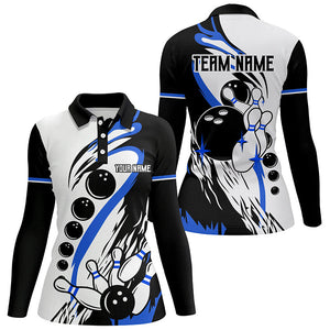 Black and white retro bowling league jerseys custom Women Bowling Polo Shirts, gifts for bowler | Blue NQS7154