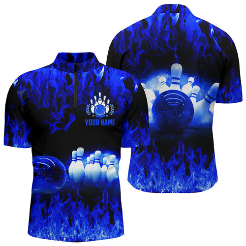 Blue flame Men's bowling Quarter Zip shirts, Personalized cool Bowling Team league bowling shirts NQS5199