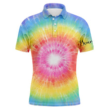 Load image into Gallery viewer, Mens golf polo shirts with rainbow coloured tie dye painted custom name pattern golf shirt for men NQS4660