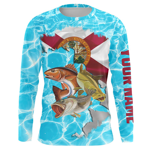 Florida Inshore Grand Slam Redfish, trout, snook fishing flag custom blue water camo FL fishing shirts NQS4710