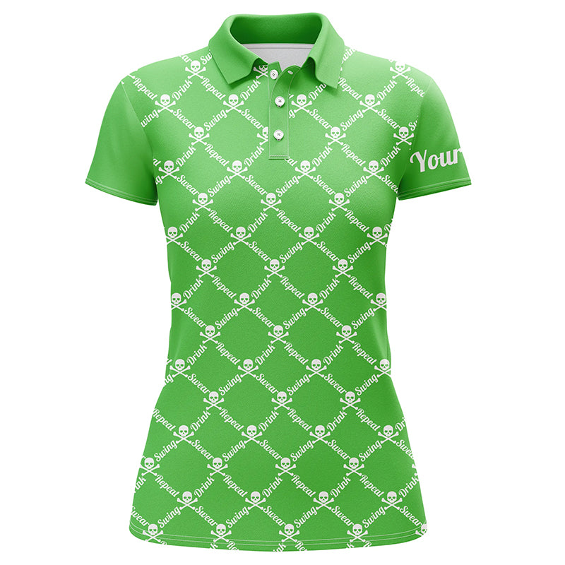 Womens golf polo shirt swing swear drink repeat golf skull custom name golf shirt women | Green NQS4885