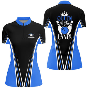 Queen of the lanes Quarter Zip bowling shirts for women, Custom gift for girl bowlers | Blue NQS5210