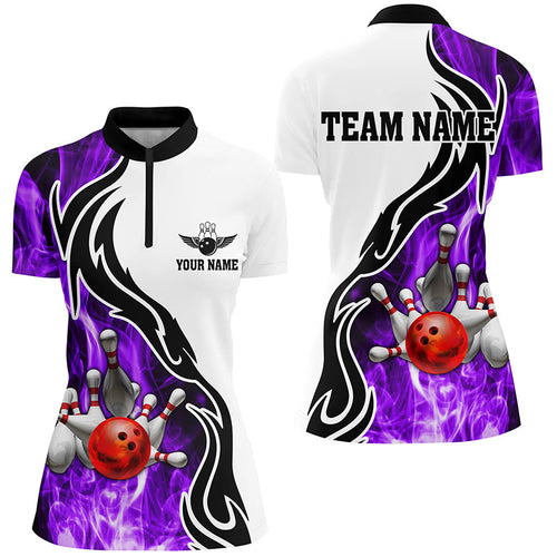 Women bowling Quarter Zip shirt Custom bowling ball pins strike team league jersey, bowl gift | Purple NQS6344