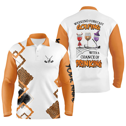 Personalized leopard Halloween mens golf polo shirts weekend forecast golfing with chance of drinking NQS6346