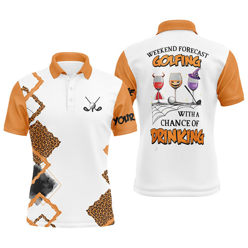 Personalized leopard Halloween mens golf polo shirts weekend forecast golfing with chance of drinking NQS6346