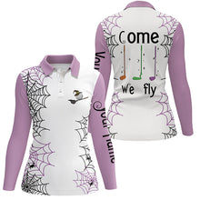 Load image into Gallery viewer, Personalized spider web Halloween Womens golf polo shirts come we fly golf clubs polo shirts | Purple NQS6347