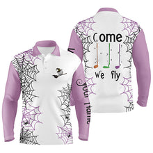 Load image into Gallery viewer, Personalized spider web Halloween mens golf polo shirts come we fly golf clubs polo shirts | Purple NQS6347