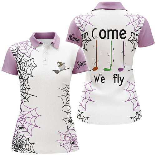 Personalized spider web Halloween Womens golf polo shirts come we fly golf clubs polo shirts | Purple NQS6347