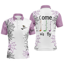 Load image into Gallery viewer, Personalized spider web Halloween mens golf polo shirts come we fly golf clubs polo shirts | Purple NQS6347