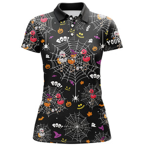 Funny women golf polo shirt orange black Halloween spider web background custom Flamingo golf friends NQS6348