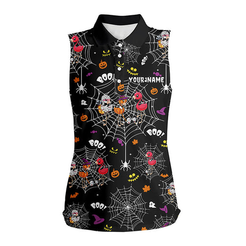 Funny sleeveless polo shirts orange black Halloween spider web background custom Flamingo golf friends NQS6348