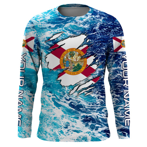 Blue sea wave ocean camo Florida flag shirt Custom sun protection fishing fishing long sleeve shirts NQS3455