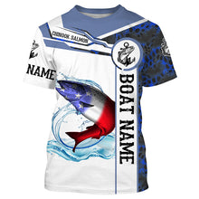 Load image into Gallery viewer, Salmon Fishing blue camo American Flag Custom name &amp; boat name performance Long Sleeve Fishing Shirts NQS3902