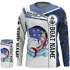 Mahi mahi (Dorado) Fishing blue camo American Flag Custom name & boat name Long Sleeve Fishing Shirts NQS3903
