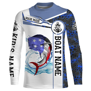 Mahi mahi (Dorado) Fishing blue camo American Flag Custom name & boat name Long Sleeve Fishing Shirts NQS3903