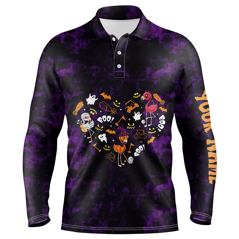 Mens golf polo shirts purple camo Halloween background custom Flamingo golf friends NQS6363