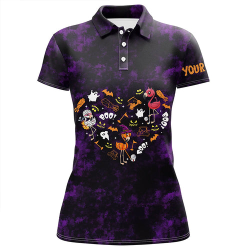 Women golf polo shirt purple camo Halloween background custom Flamingo golf friends NQS6363