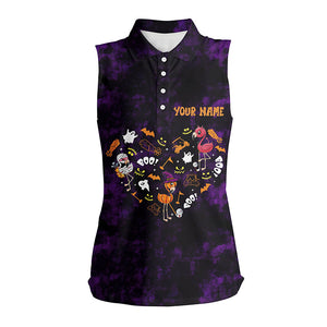 Women sleeveless golf polo shirt purple camo Halloween background custom Flamingo golf friends NQS6363