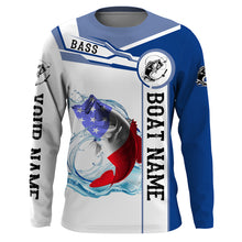 Load image into Gallery viewer, Largemouth Bass Fishing American Flag Custom name and boat name performance Long Sleeve Fishing Shirts, Patriotic Fishing gifts NQS2351