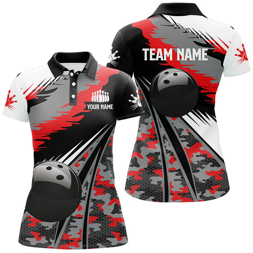 Womens bowling polo shirts Custom black ball red camo Bowling Team Jersey, gift for Bowlers NQS6571