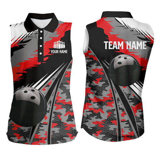 Women bowling sleeveless polo shirt Custom black ball red camo Bowling Team Jersey, gift for Bowler NQS6571