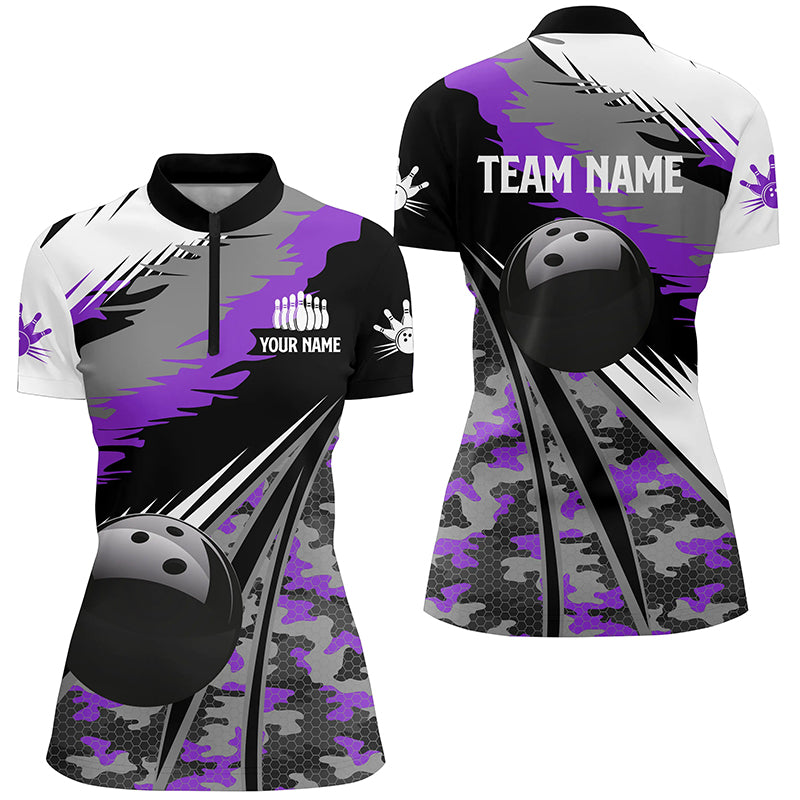 Womens bowling Quarter Zip shirts Custom black ball purple camo Bowling Team Jersey, gift for Bowlers NQS6572