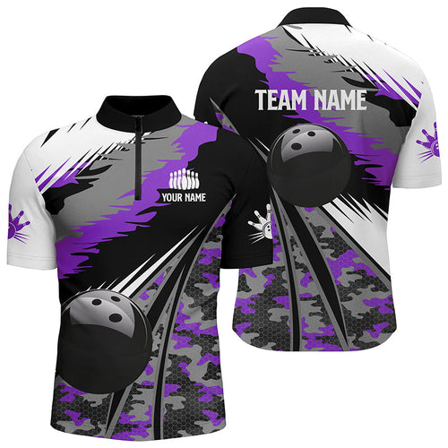 Men's bowling Quarter Zip shirts Custom black ball purple camo Bowling Team Jersey, gift for Bowlers NQS6572