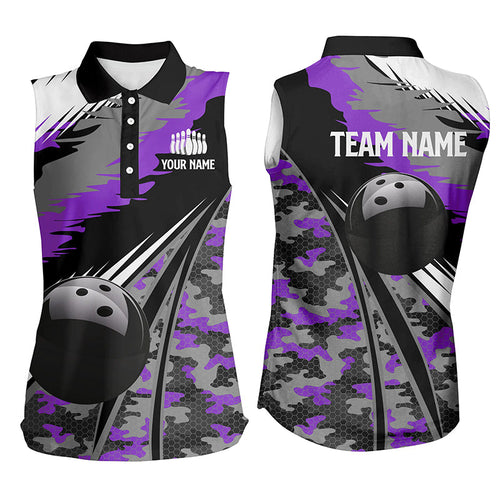 Women bowling sleeveless polo shirt Custom black ball purple camo Bowling Team Jersey, gift for Bowler NQS6572