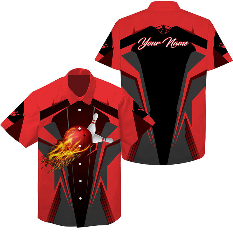 Personalized Hawaiian bowling shirts Flame Bowling Ball and Pins, bowling shirt for men bowlers| Red NQS4526