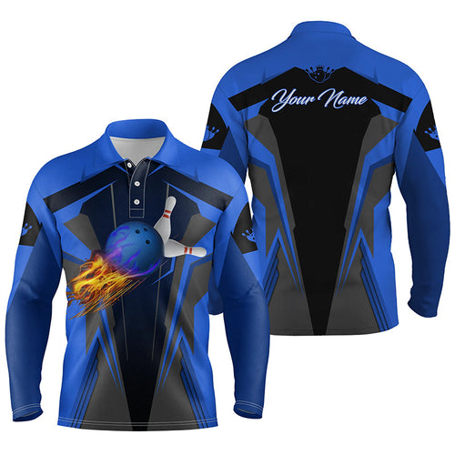 Personalized Men Bowling Polo Shirt Flame Bowling Ball and Pins, bowling polo for men bowlers | Blue NQS4527