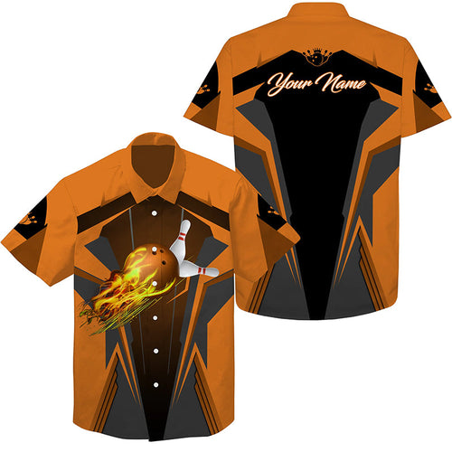 Personalized Hawaiian bowling shirts Flame Bowling Ball and Pins, bowling shirt for men bowlers| Orange NQS4528