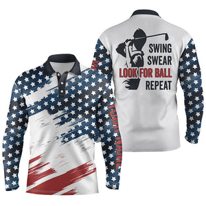American flag Mens golf polos shirts custom name patriot golf gifts, swing swear look for ball repeat NQS4535