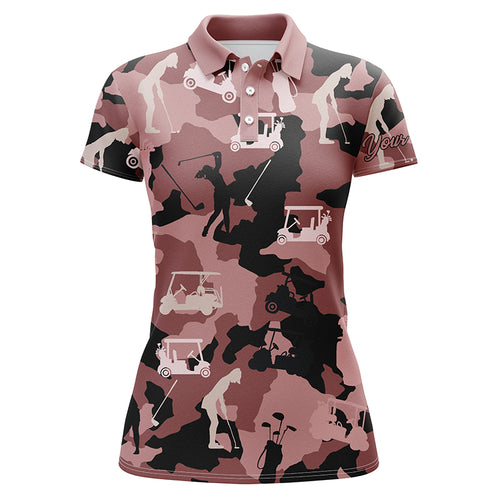 Womens golf polo shirt custom name black and pink golf camo womens golf tops, golfing gift for women NQS4903