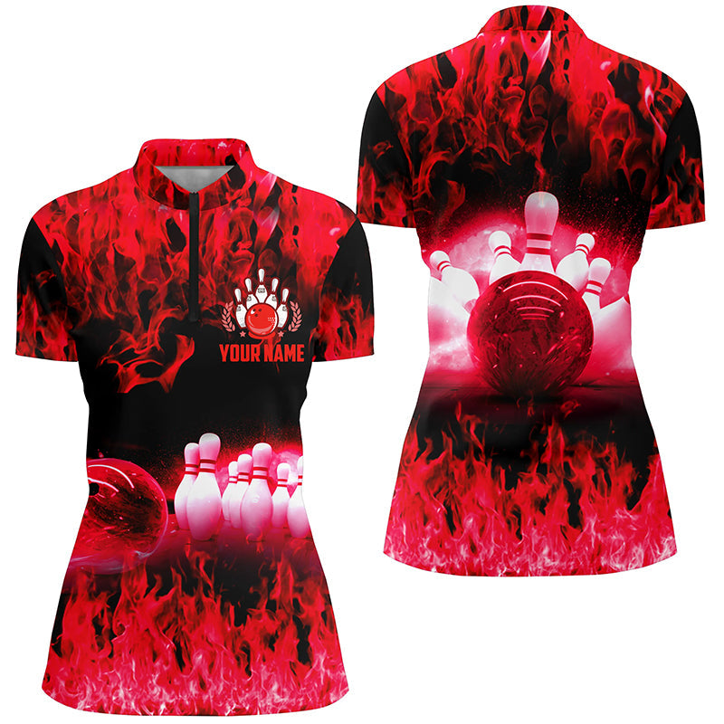 Red flame Womens Quarter Zip shirts, Personalized Bowling Team Bowlers Jersey, bowling team uniforms NQS6366