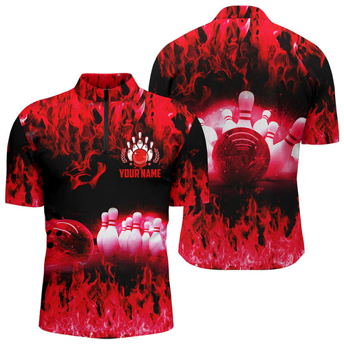 Red flame Men's bowling Quarter Zip shirts, Personalized cool Bowling Team league bowling shirts NQS6366