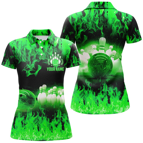 Green flame Women bowling polo shirts, Personalized Team league bowling shirts female bowling uniform NQS6367