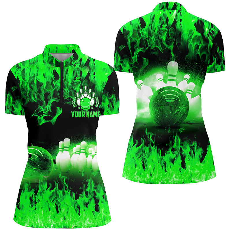 Green flame Womens Quarter Zip shirts, Personalized Bowling Team Bowlers Jersey, bowling team uniforms NQS6367