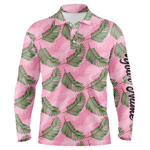 Mens golf polo shirt custom pink leopard palm leaves tropical golf shirts, golf clothes for men NQS6373