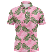 Load image into Gallery viewer, Mens golf polo shirt custom pink leopard palm leaves tropical golf shirts, golf clothes for men NQS6373